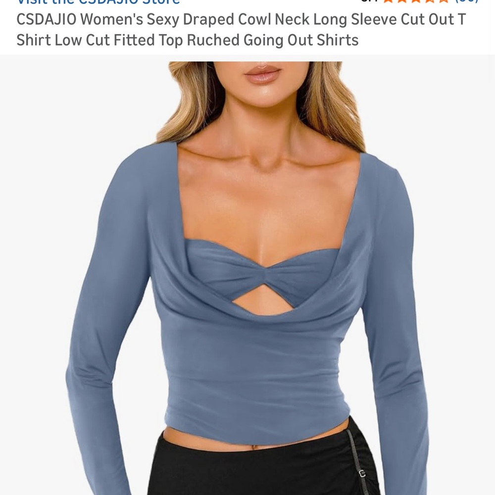 Women's Blue Draped Cowl Neck Top